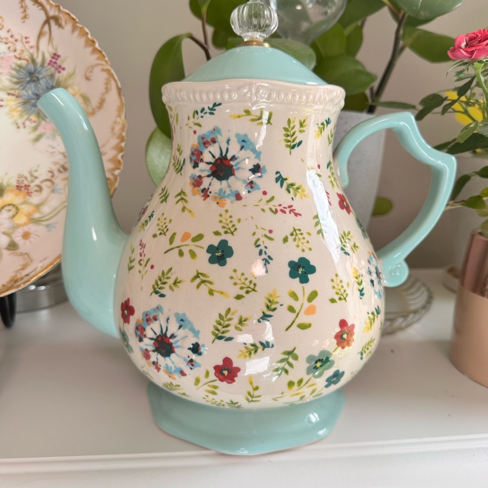The Pioneer Woman Floral Ceramic Teapot with Aqua and Red